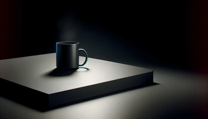 A sleek, modern coffee mug placed on the lower right corner of a matte black table, with the early morning light casting a soft shadow