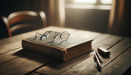 Simplistic still life of a vintage book and spectacles on a wooden table, with a shallow depth of field to blur the background,