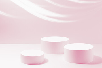 Set of three round pink podiums for cosmetic products mockup, smooth glowing light lines on pink background. Stage for presentation skin care products, gifts, goods, advertising in hipster style.