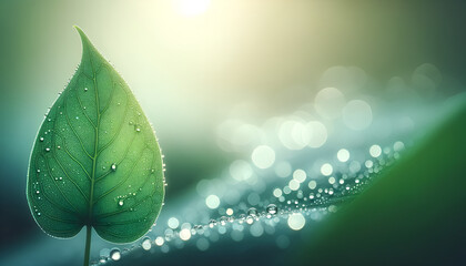 Macro view of a green leaf adorned with morning dew, carefully placed off-center in the frame, capturing the sparkle of the dewdrops 