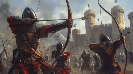 Archers Unleashing Volley upon Foe in Medieval Warfare, Arrows Darken the Sky