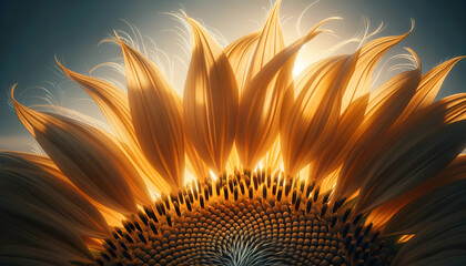 Macro shot of  a sunflower, capturing the intricate details of the petals and center, with a soft, blurred background of the sky