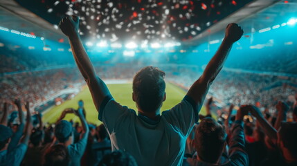 Football Fans cheer passionately at a soccer game, their silhouettes against a vibrant stadium backdrop, filled with excitement and the spirit of sport