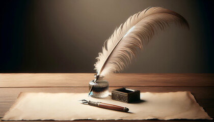 Elegant feather quill and inkwell, arranged off-center to the right, zoomed out to include the wooden desk surface, against a neutral, uncluttered background