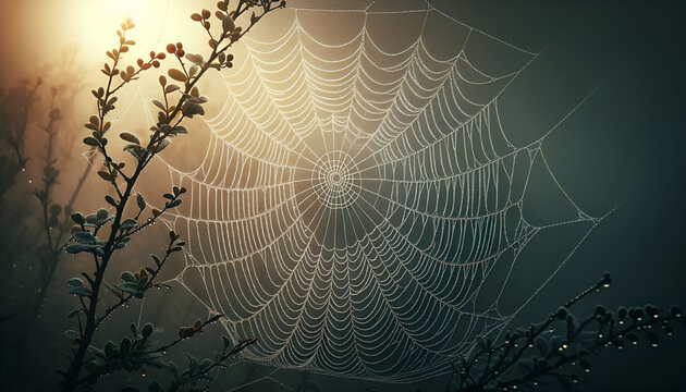 Early morning dew on a spider web, spanning between two branches, captured with natural light filtering through mist, 