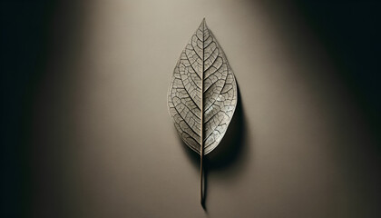 Minimalistic shot of a single leaf with unique patterns, placed on a smooth, neutral-colored surface,