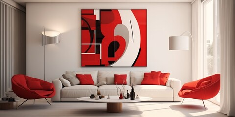 Sleek lines and contemporary artwork converge in a vibrant ruby and white back art wall design, transforming the living room into a gallery-like space.