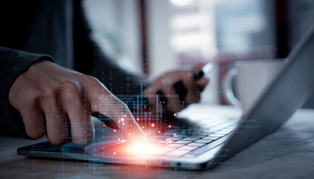 start working laptop or program by a person pressing the turn off or turn on button in holographic access data and manage by business style connect to internet access data online to private account