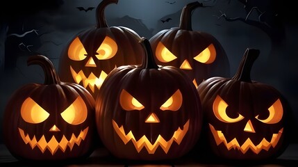 Illustration of glowing carved pumpkins with different evil faces in the dark at Halloween night. Generative AI