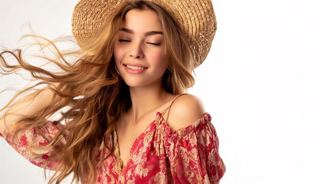 Serene woman with a gentle gaze, wearing a straw hat and floral dress, embodying springtime freshness
