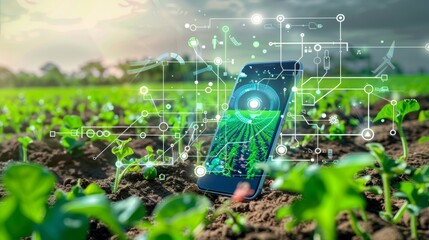 Agriculture technology application on mobile phone, concept of smart farming or agriculture industry, and farming environment - obrazy, fototapety, plakaty