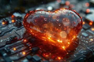 Valentine's Day postcard with digital heart glowing in futuristic style. A 3d model with board texture.