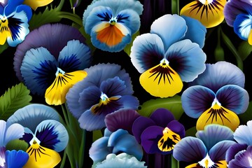 Large floral background with blue flowers Pansies and Forget-me-not on dark background in desktop wallpaper for computer, tablet, cell phone, social media cover. Generative AI