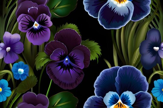 Large floral background with blue flowers Pansies and Forget-me-not on dark background in desktop wallpaper for computer, tablet, cell phone, social media cover. Generative AI