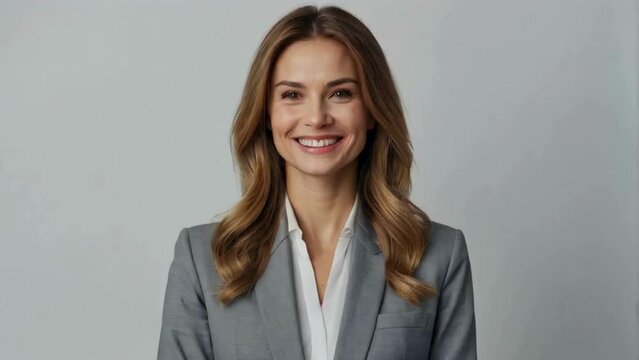 Businesswoman in elegant clothes is smiling while looking at the camera on a clean white background