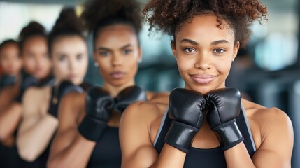 Women in gym with boxing gloves, showing off muscles and fun expressions - obrazy, fototapety, plakaty