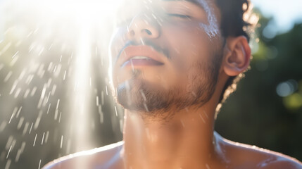 Close up young man with sweat on hot sunny day , shower and washing against sunset.