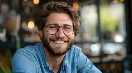Smiling young man wearing glasses in a casual blue shirt. Friendly, approachable portrait with upbeat style. Ideal for advertising, marketing, and web use. AI - obrazy, fototapety, plakaty