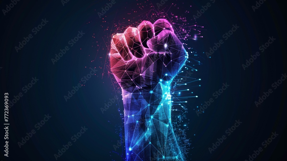 Aufkleber concept of digital revolution or transformation, graphic of low poly rising fist with futuristic ele