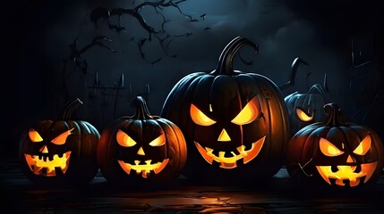 Illustration of glowing carved pumpkins with different evil faces in the dark at Halloween night. Generative AI