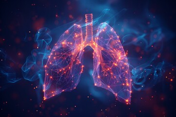 A low poly wireframe illustration of pulmonology and lung diseases. Abstract polygonal design isolated on a blue background. - obrazy, fototapety, plakaty