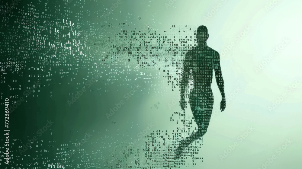 Poster Technology advancement evolution, man's shape combined with binary code