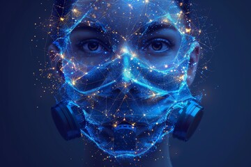 Symbol of protection against the flu. Low poly wireframe mask. Protects against viruses, bacteria, and smog. Polygonal abstract isolated on blue background. Modern illustration. - obrazy, fototapety, plakaty
