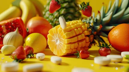 Fotobehang Assorted fruits and vegetables with pills on yellow background, concept of health and nutrition © SHOTPRIME STUDIO