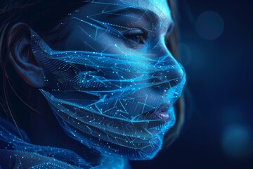 An abstract polygonal abstract isolated on blue background represents protection from viruses, bacteria, and smog. Low poly wireframe style with a protective face mask. Low poly wireframe style with - obrazy, fototapety, plakaty
