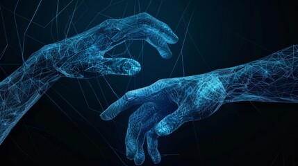 The hands of two blue wireframes are reaching out to each other - obrazy, fototapety, plakaty