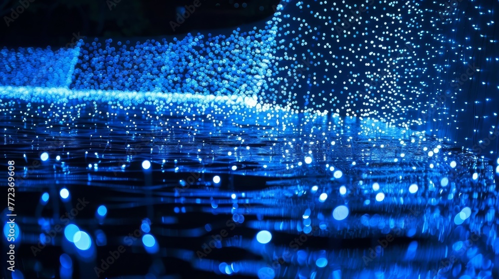 Poster a mesmerizing display of electric blue lights on a liquidlike background, creating a unique pattern.