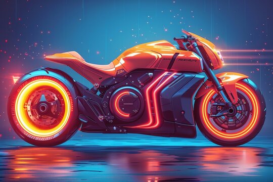 A futuristic illustration of a motorcycle isolated on a blue background. The design is intended for a landing page for motorcyclist sports racing. The image depicts a glowing isometric motorcycle