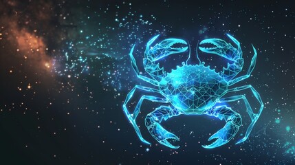 A horoscope sign for cancer in the twelve zodiacs with a galaxy stars background and a wireframe crab graphic.