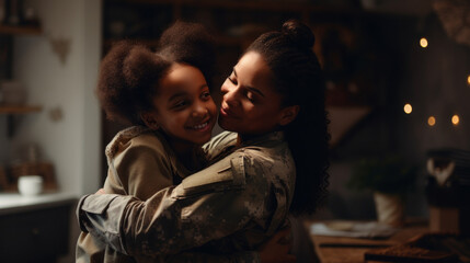 A happy African American Military Mom hugs Her little daughter in the house. Family, Motherhood, Parenthood, Children concepts.