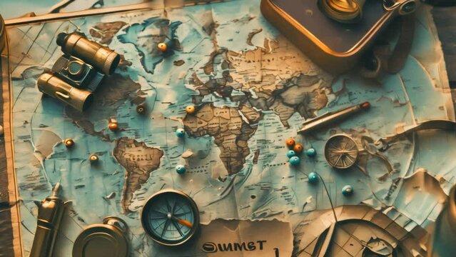 Vintage navigational tools on old world map. Flat lay composition with copy space.