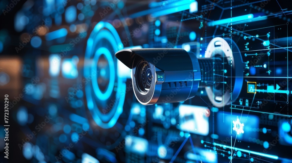 Aufkleber An image of surveillance technology, CCTV with a detection screen and a futuristic interface.