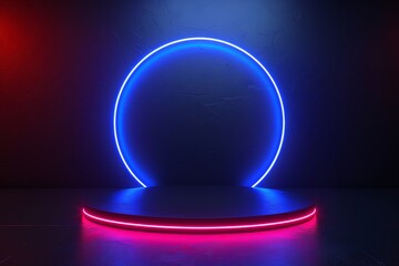 Modern illustration of an empty podium isolated on blue background with a neon circle - Ideal for displaying products