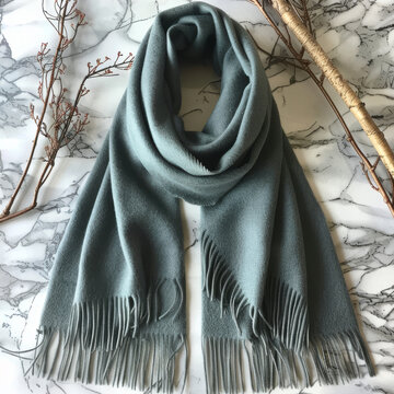 green  Cashmere Scarf With Fringe on Marble Surface