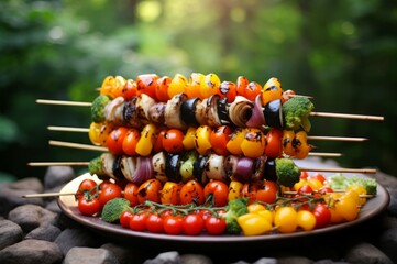 Crunchy Skewers vegetables grill food. Spicy party. Generate Ai