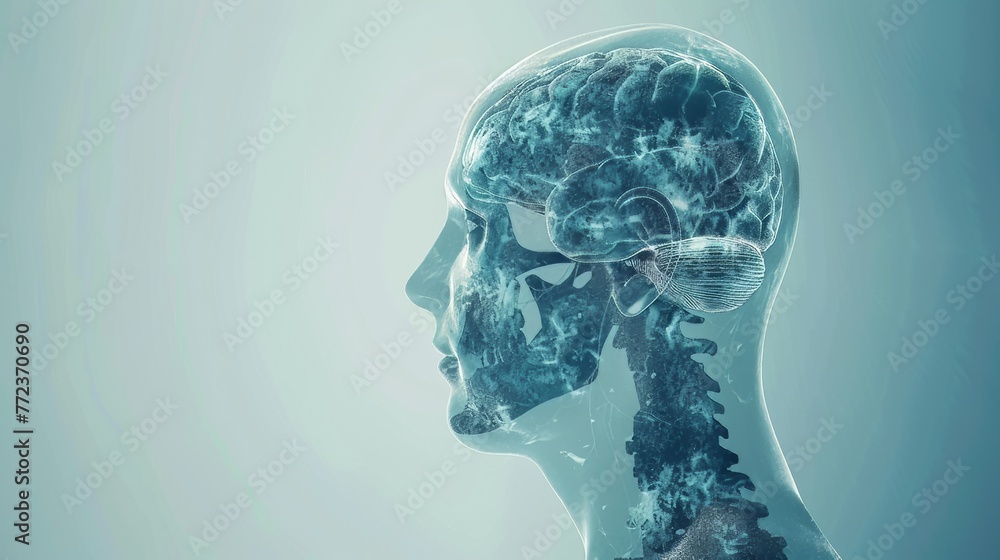 Poster an x-ray interface is shown on the side of a man's head as a concept of brain scan technology