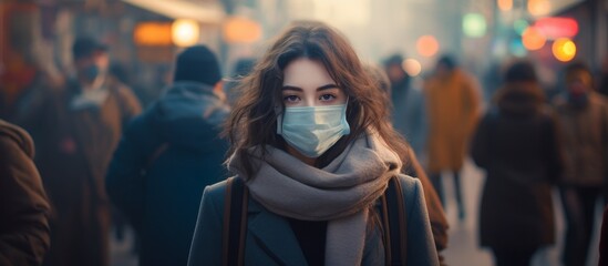 A woman in a face mask strolls through a crowded street at a public event - obrazy, fototapety, plakaty