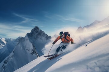 Challenging Skier mountains snow. Jump sun action. Generate Ai