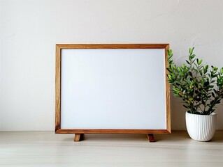 Blank Whiteboard on Wooden Easel with Potted Plant on Desk, Copy Space