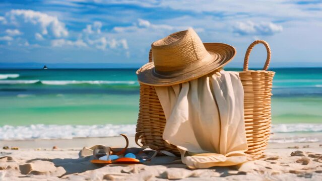 Straw hat, beach towel, and sandals next to a wicker basket on the sandy shore with a view of the ocean