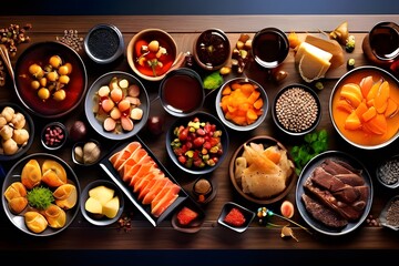 A table full of food with a variety of dishes including meat, vegetables