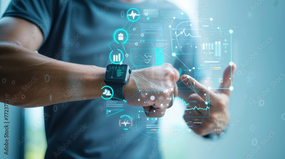 Poster the concept of a smart watch for medical technology, with a man running with an application on the d