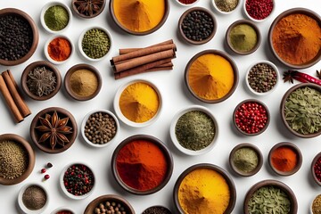 Spices Assortment. Various Spices on white background. Assortment, set of spices and condiments with vintage pepper mill