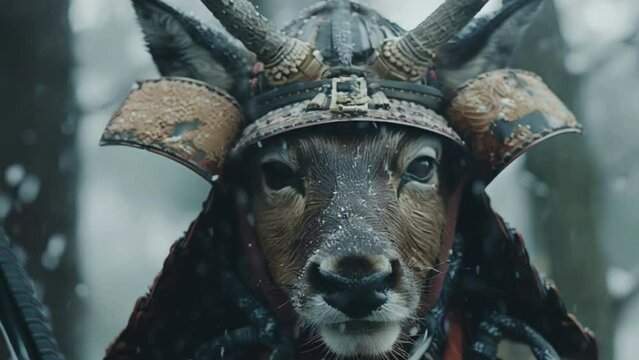 A deer with a samurai helmet on its head 4K motion