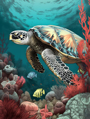 Underwater landscape with a sea turtle. Wild life illustration.