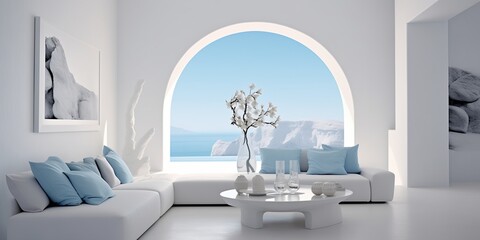 Tranquil sophistication embodied in a minimalist interior adorned with subtle sky blue accents against a backdrop of pure white.